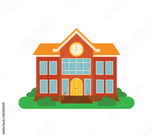 Red School Building with Grass Cartoon Vector Illustration for Back To School Banner Element Decoration