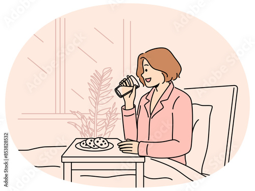 Happy woman in pajama having breakfast in bed at home. Smiling girl enjoy delicious food in hotel. Eating in bedroom. Weekend and dayoff. Vector illustration.