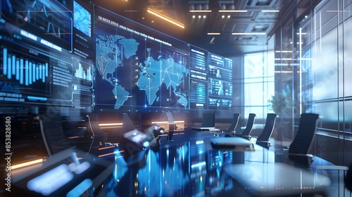 Futuristic Control Room with Global Tech Analytics Interface