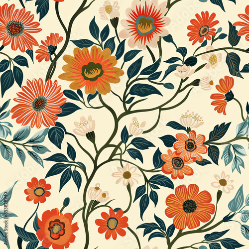 Flat design flower floral pattern, cream, green and orange colors