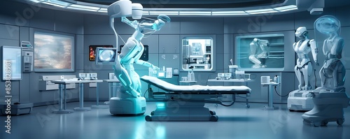 robotics in healthcare a hospital room with a white bed and blue floor, featuring a white and blue wall and a white and blue floor