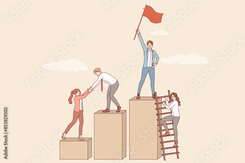 Team building for business people who rise to top of career ladder together and choose leader holding red flag. Team of white collar workers developing together to achieve superior results