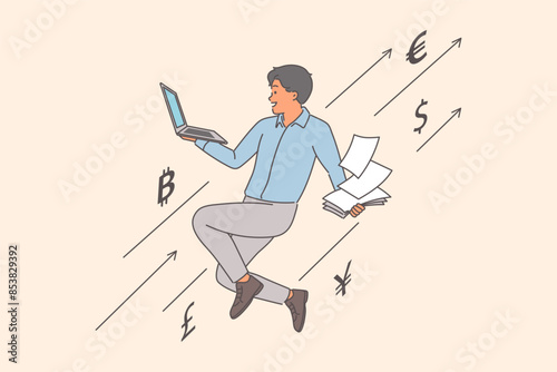 Successful trader makes profit from earning money on cryptocurrency arbitrage and flies with laptop