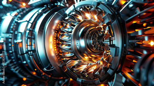 Hyper-realistic 3D illustration of a futuristic jet engine detailed view of advanced engineering and components lighting sleek metallic textures modern aerospace 