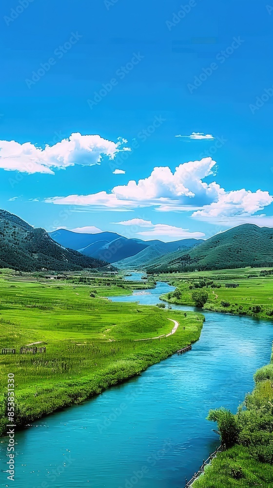 Fototapeta premium Serene Mountain River Scenery in Nature