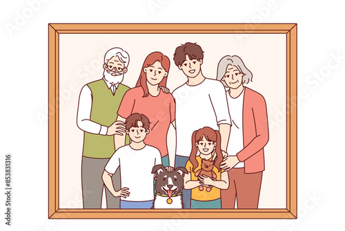 Family portrait of retirees with children and grandchildren with dog posing for memorable photo in wooden frame. Happy family of three generations taking pictures together after festive dinner