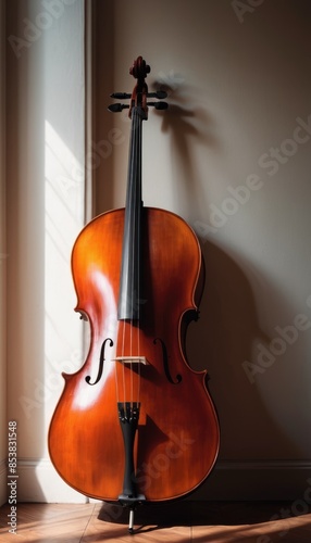 A solitary cello stands in a tranquil room, its polished wood glowing in the sunlight, ready to create beautiful melodies