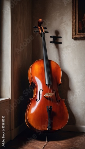 A beautifully crafted cello stands in a sunlit room, casting a gentle shadow on the wall, epitomizing musical elegance and craftsmanship