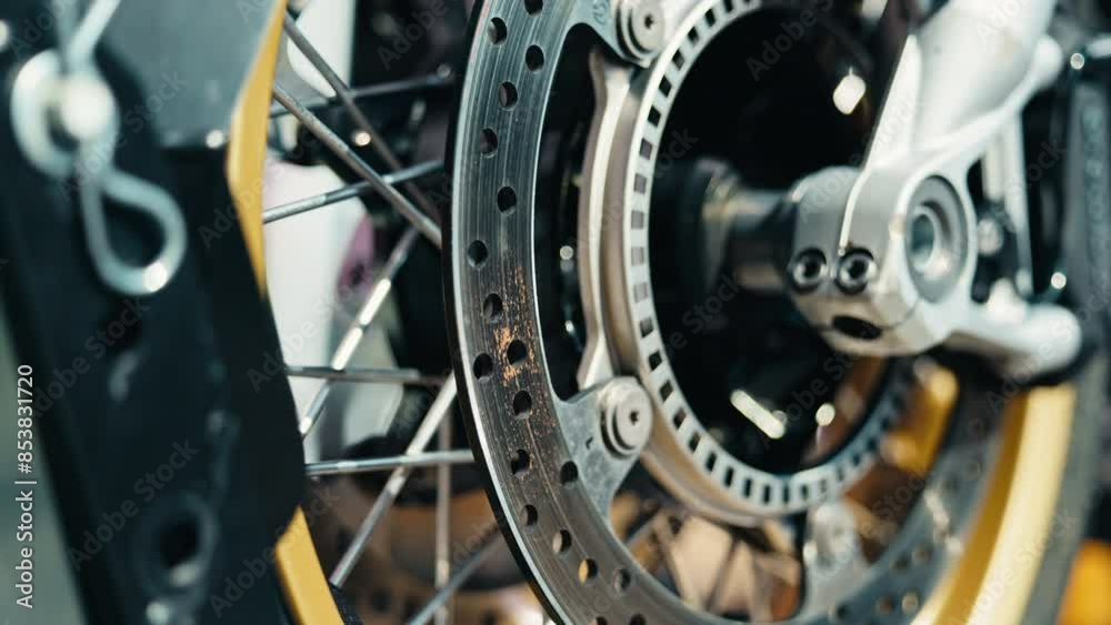 Slow motion closeup of a motorcycle disc brake system, showcasing precision engineering and parts in action Slow motion closeup of a motorcycle disc brake system, showcasing precision engineering and parts in action