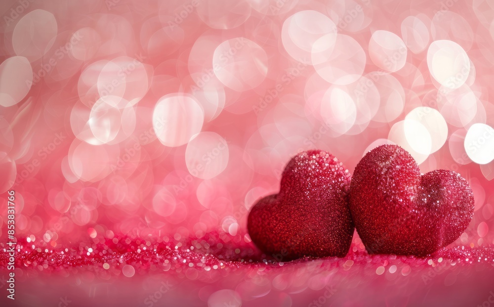 Two red hearts on pink background with bokeh lights, valentine's day concept Two red hearts on pink background with bokeh lights, valentine's day concept