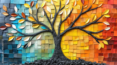 Fototapeta Naklejka Na Ścianę i Meble -  Elegant colorful tree with vibrant leaves hanging branches illustration background. Bright color 3d abstraction wallpaper for interior mural painting wall art decor. Ai	