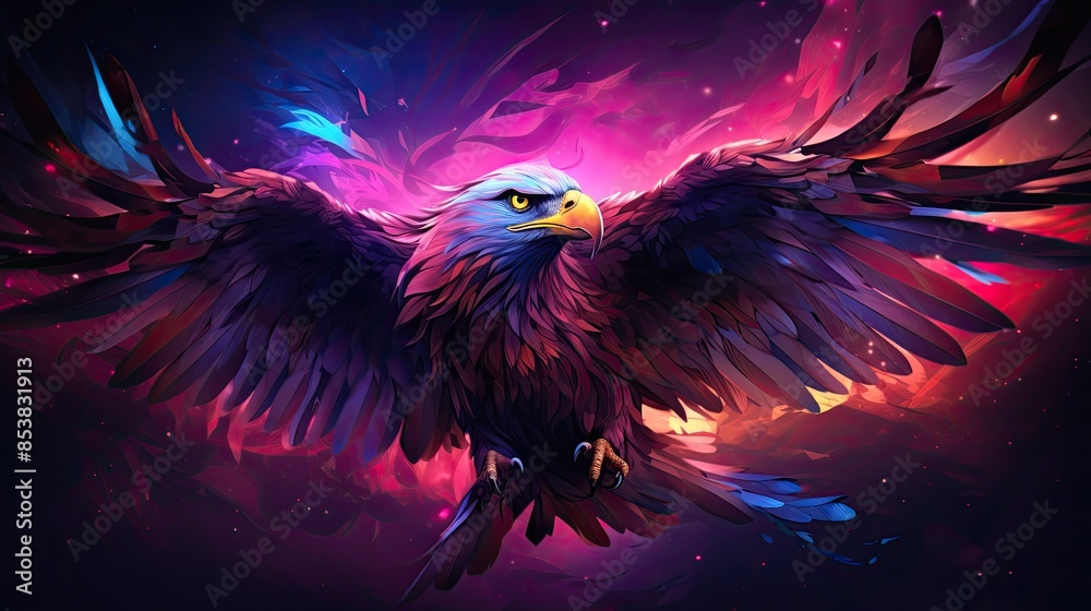 Fototapeta premium Digital painting of an eagle in a fantasy space on a colorful background.