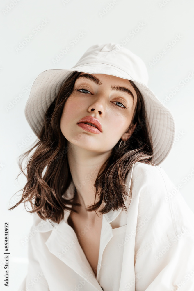 Aesthetic fashion magazine photo. Model in stylish beige look. Bucket hat trends. Ideal concept for social media, fashion bloggers. Aesthetic fashion magazine photo. Model in stylish beige look. Bucket hat trends. Ideal concept for social media, fashion bloggers.