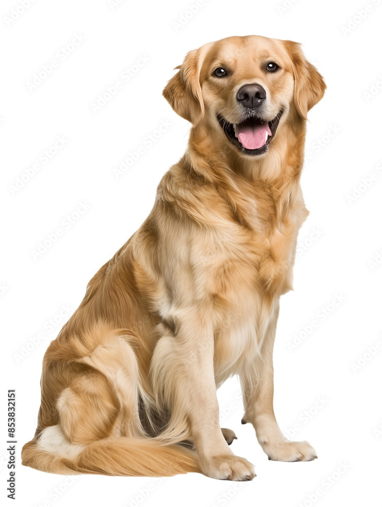 Full body shot of Golden Retriever dog, sitting, smiling. Full body shot of Golden Retriever dog, sitting, smiling.