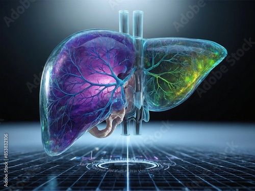 Holographic projection of a human liver illuminated in shades of neon colors #853832106