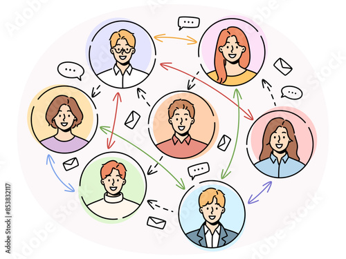 Smiling men and women communicate chat on social network. Various people communication on internet. Messaging and texting online on web. Vector illustration.