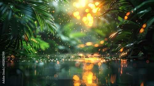 Sunlight filtering through tropical leaves with raindrops © chesleatsz