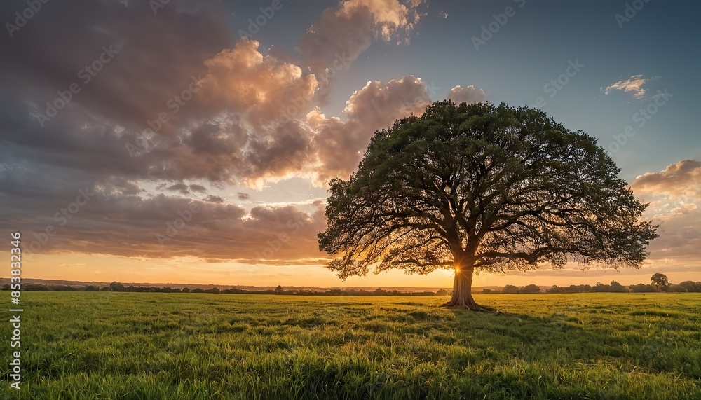 Fototapeta premium A wide angle shot of a single tree growing under a clouded sky during a sunset surrounded by grass