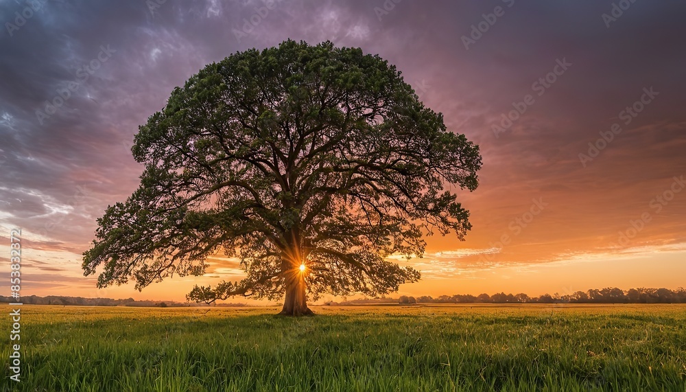 A wide angle shot of a single tree growing under a clouded sky during a sunset surrounded by grass A wide angle shot of a single tree growing under a clouded sky during a sunset surrounded by grass