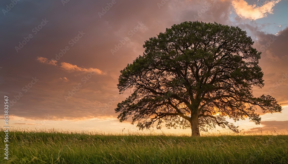 A wide angle shot of a single tree growing under a clouded sky during a sunset surrounded by grass A wide angle shot of a single tree growing under a clouded sky during a sunset surrounded by grass