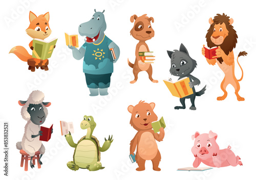 Baby animals reading book. Set of cute cartoon animals. Smart funny characters studying literature. Hand drawn vector illustration