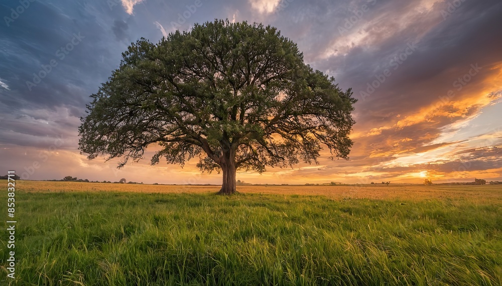 Wide angle shot of a single tree growing under a clouded sky during a sunset surrounded by grass Wide angle shot of a single tree growing under a clouded sky during a sunset surrounded by grass
