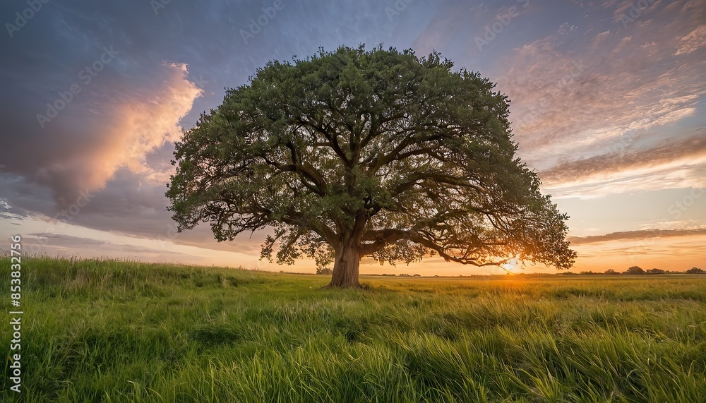 Wide angle shot of a single tree growing under a clouded sky during a sunset surrounded by grass Wide angle shot of a single tree growing under a clouded sky during a sunset surrounded by grass