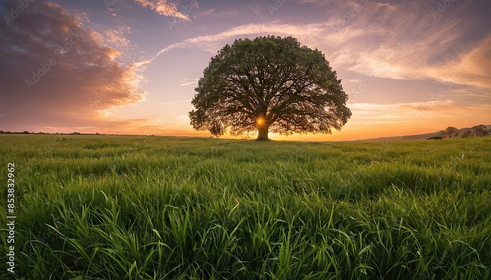 Fototapeta premium Wide angle shot of a single tree growing under a clouded sky during a sunset surrounded by grass