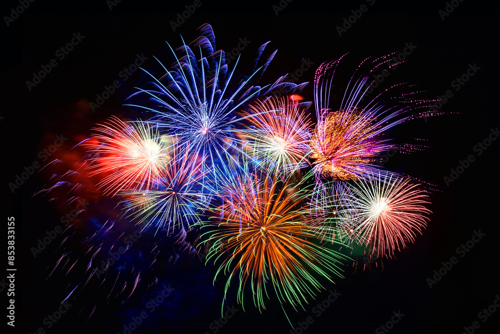 colourful firework display set for celebration happy new year and merry christmas and fireworks on black background