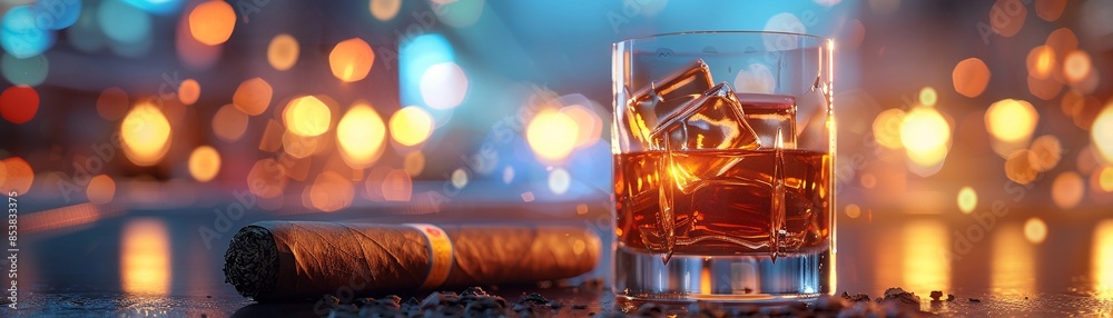 A glass of amber whiskey with ice beside a cigar on a polished table, glowing bokeh lights, warm and blue tones, realistic, detailed 8K , high-resolution, ultra HD,up32K HD A glass of amber whiskey with ice beside a cigar on a polished table, glowing bokeh lights, warm and blue tones, realistic, detailed 8K , high-resolution, ultra HD,up32K HD