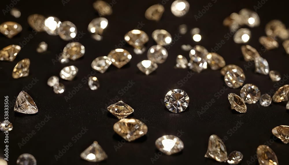 Shiny round diamonds on black background, luxury brilliants sparkle on dark desk, white gemstones with reflections. Concept of jewel, jewelry, gem, gift, natural precious stone, crystal Shiny round diamonds on black background, luxury brilliants sparkle on dark desk, white gemstones with reflections. Concept of jewel, jewelry, gem, gift, natural precious stone, crystal