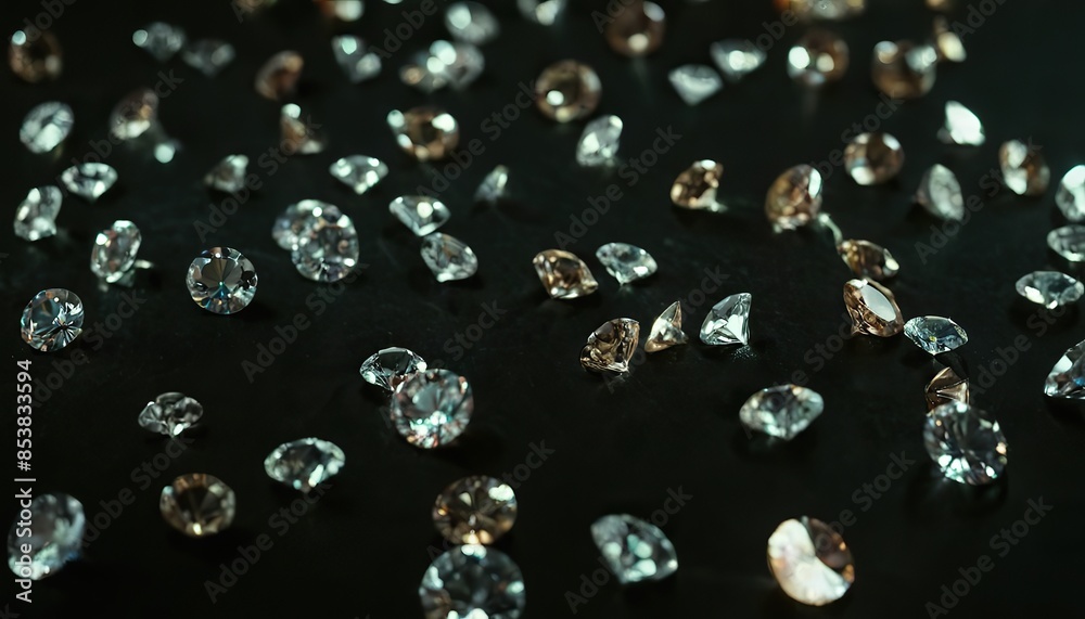 Shiny round diamonds on black background, luxury brilliants sparkle on dark desk, white gemstones with reflections. Concept of jewel, jewelry, gem, gift, natural precious stone, crystal