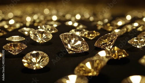 Shiny round diamonds on black background, luxury brilliants sparkle on dark desk, white gemstones with reflections. Concept of jewel, jewelry, gem, gift, natural precious stone, crystal