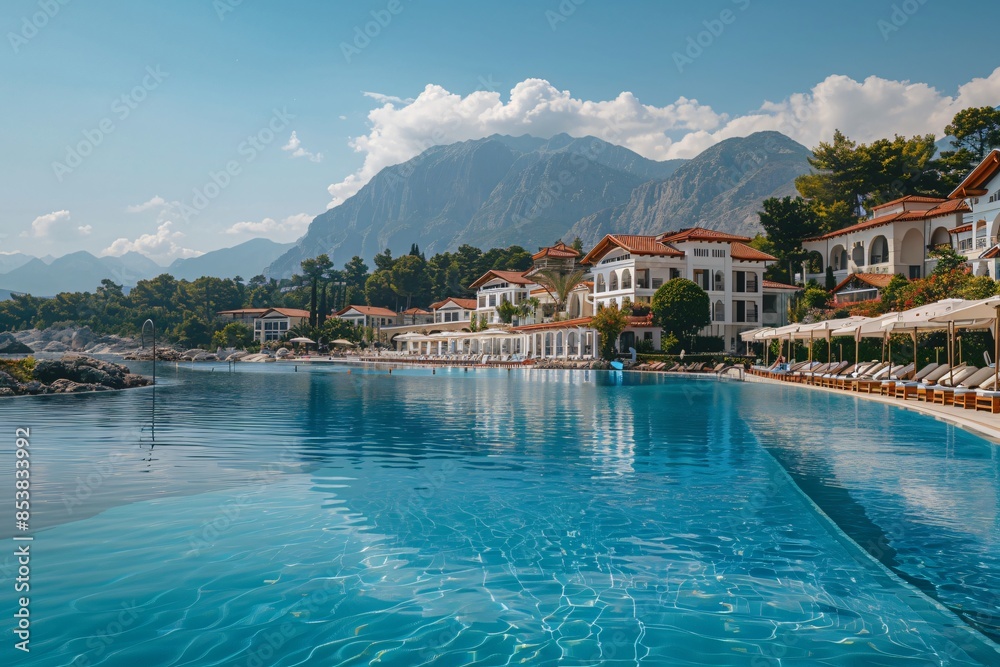 Large pool with lounge chairs and umbrellas Large pool with lounge chairs and umbrellas
