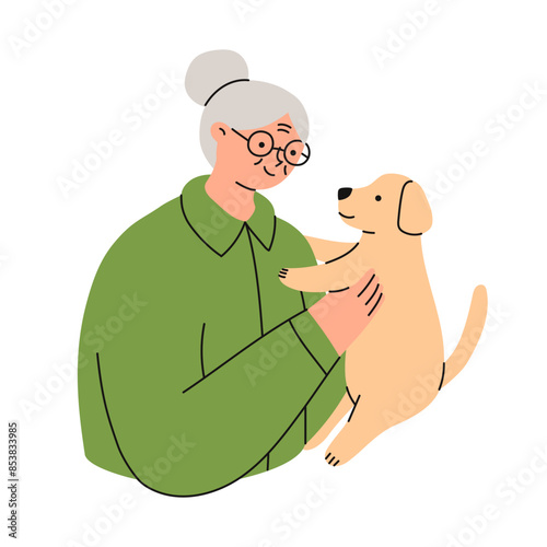 Elderly woman with her pet dog. Happy domestic animal owner. Flat vector illustrations.