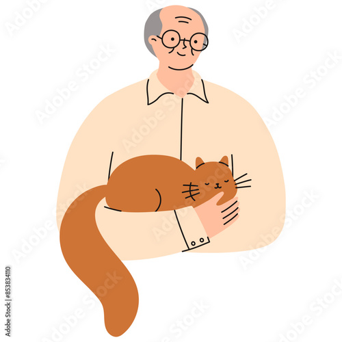 Elderly man with his pet cat. Happy domestic animal owner. Flat vector illustrations.