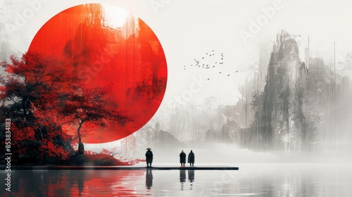 White backgroundï¼ŒChinese people standing on platforms,Chinese inkscapestyle,minimalist stage designs, 