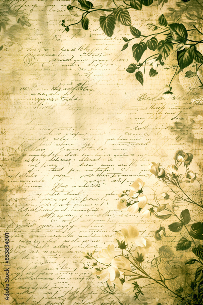 Fototapeta premium Vintage love letter texture showcasing elegant handwritten script. Adorned with delicate flowers, leaves, and branches. Grunge paper texture with grain and aged look. Perfect for historical and romant