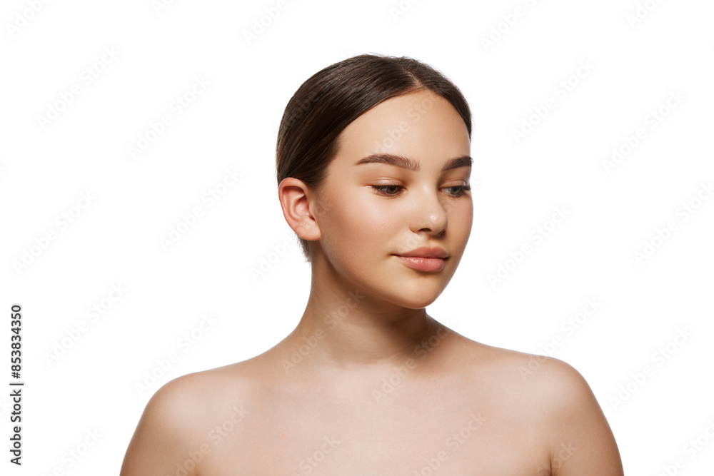 Portrait of young attractive girl with healthy, spotless, beautiful skin without makeup isolated on white background. Concept of natural beauty, skincare, cosmetology and cosmetic products ads Portrait of young attractive girl with healthy, spotless, beautiful skin without makeup isolated on white background. Concept of natural beauty, skincare, cosmetology and cosmetic products ads