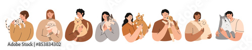 Pet owners set. People are holding cute dogs in their hands. Flat vector illustration.