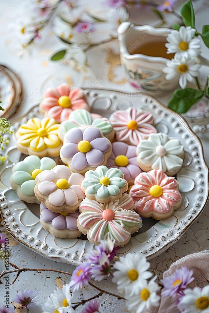 Frosted flower shaped pastel sugar cookies on a plate Frosted flower shaped pastel sugar cookies on a plate