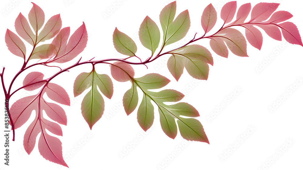 PNG of a single branch with a unique leaf pattern in pink and green with a transparent white background. PNG of a single branch with a unique leaf pattern in pink and green with a transparent white background.