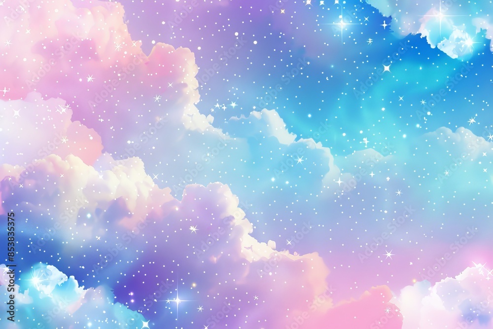 Naklejka premium The background uses holographic rainbow unicorns and clouds with stars. The sky is pastel colors with an abstract fabulous pattern. Cute candy wallpaper.