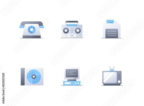 Outdated electronic devices - flat design style icons set. High quality colorful images of rotary dialer telephone , boombox, floppy and CD disk, computer monitor and system unit, TV with kinescope photo