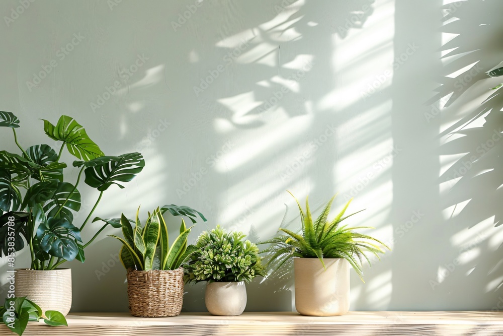 Fototapeta premium Close-up row plants pots shelf