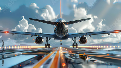 Hyper-realistic image of an airplane taking off detailed view of the aircraft's wings and body colors of the runway and sky  bright and modern aviation  photo