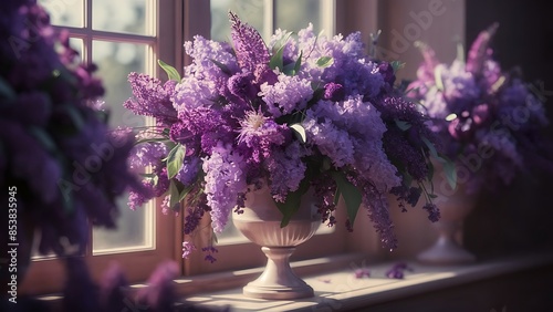 Close up of bunch of purple flowers including lillac in vase indoor by the window shot at shallow depth of field photo