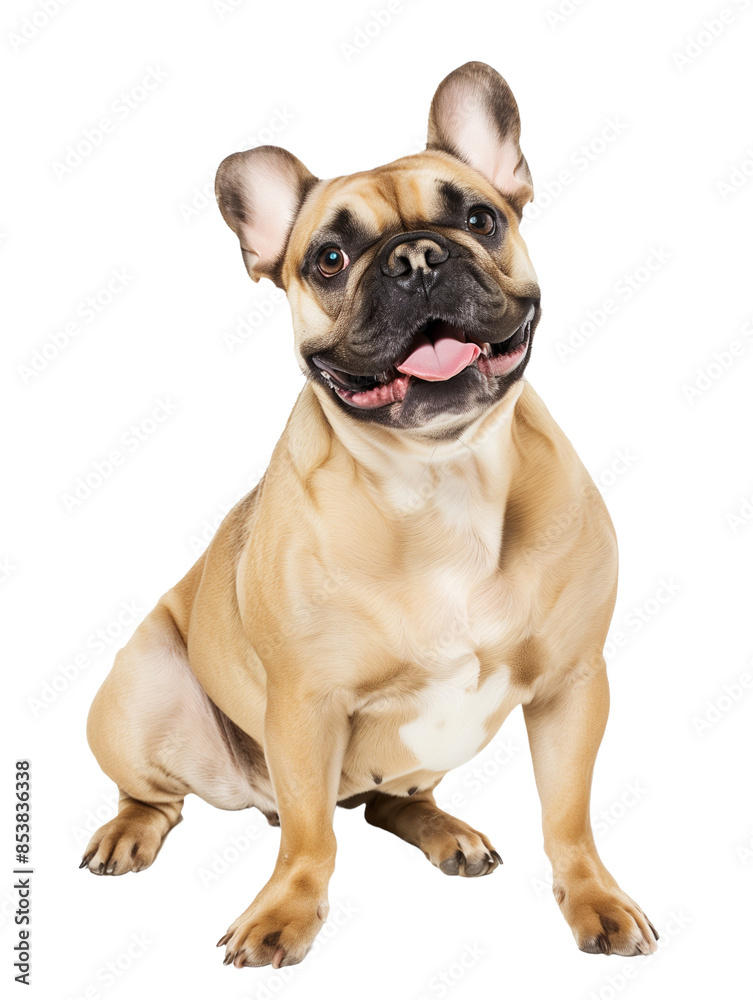 Full body shot of French Bulldog dog, sitting, smiling. Full body shot of French Bulldog dog, sitting, smiling.