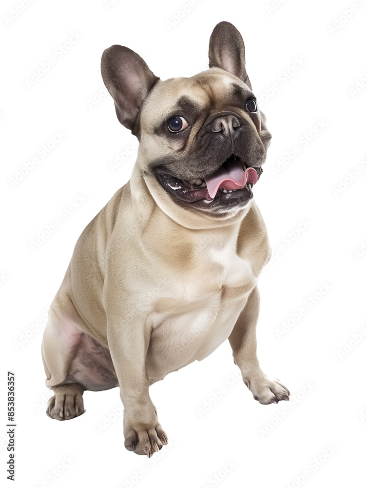 Full body shot of French Bulldog dog, sitting, smiling. Full body shot of French Bulldog dog, sitting, smiling.