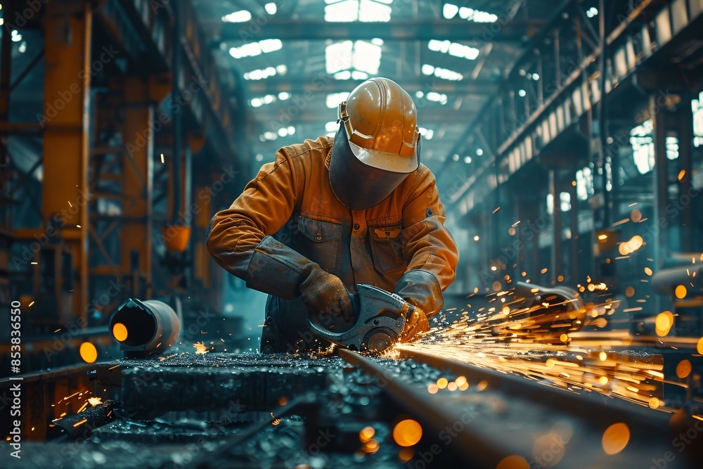 Metal worker grinding with sparks Metal worker grinding with sparks